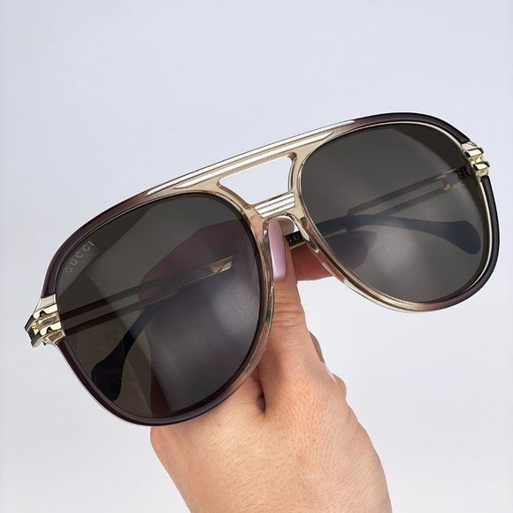 🔥Gucci GG1104S 003 Sunglasses Transparent Brown Gold Brown Pilot Unisex - Picture 5 of 12